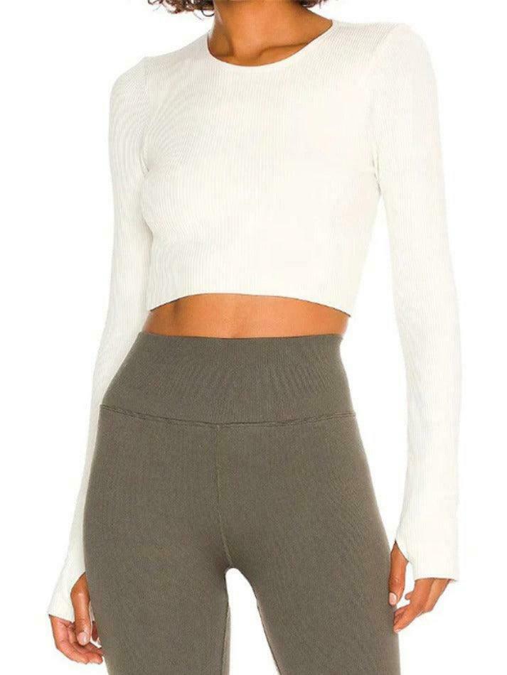 Y2K Aesthetic Solid Ribbed Twist Back Long Sleeve Tee for Women - Coquette Fashion Statement