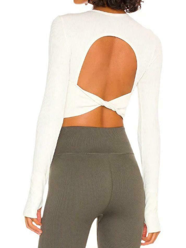 Y2K Aesthetic Solid Ribbed Twist Back Long Sleeve Tee for Women - Coquette Fashion Statement