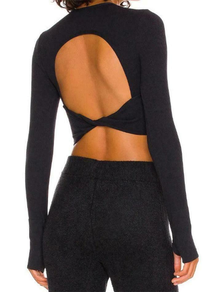 Y2K Aesthetic Solid Ribbed Twist Back Long Sleeve Tee for Women - Coquette Fashion Statement