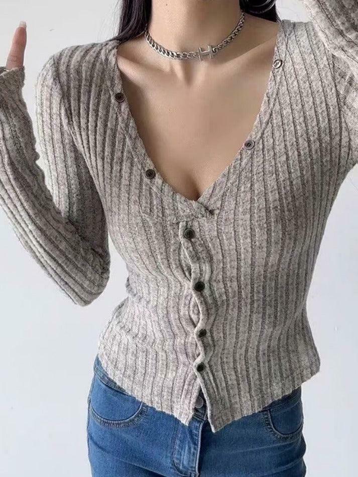 Y2K Aesthetic Solid Ribbed V Neck Twist Front Long Sleeve Knit Sweater
