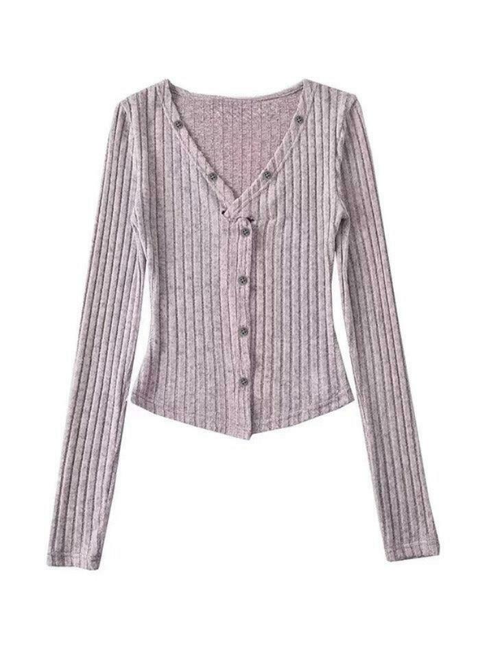Y2K Aesthetic Solid Ribbed V Neck Twist Front Long Sleeve Knit Sweater
