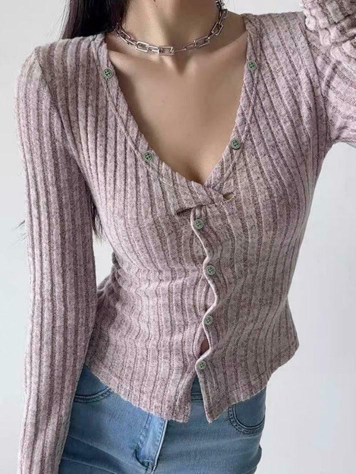 Y2K Aesthetic Solid Ribbed V Neck Twist Front Long Sleeve Knit Sweater