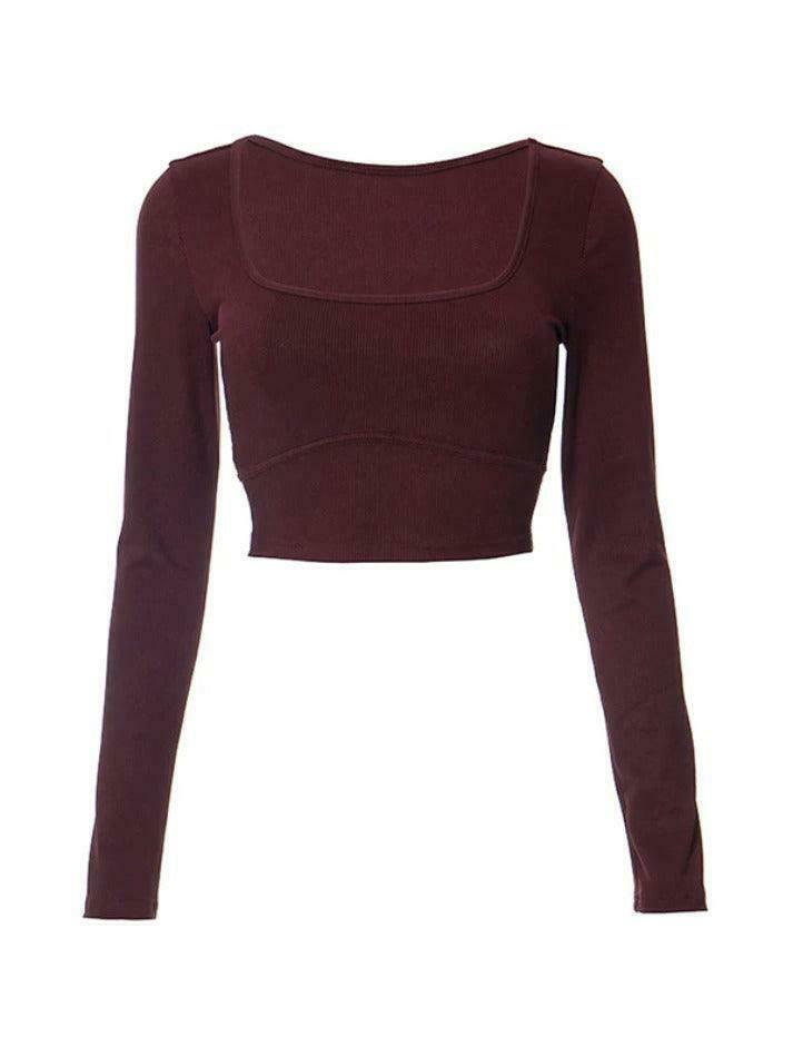 Y2K Aesthetic Solid Square Neck Cropped Long Sleeve Knit Top