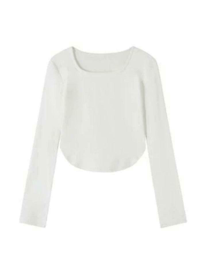 Y2K Aesthetic Solid Square Neck Curvy Hem Long Sleeve Tee