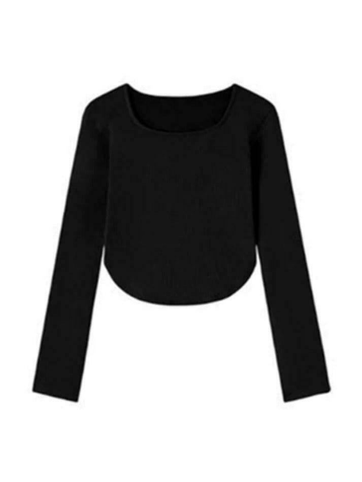 Y2K Aesthetic Solid Square Neck Curvy Hem Long Sleeve Tee