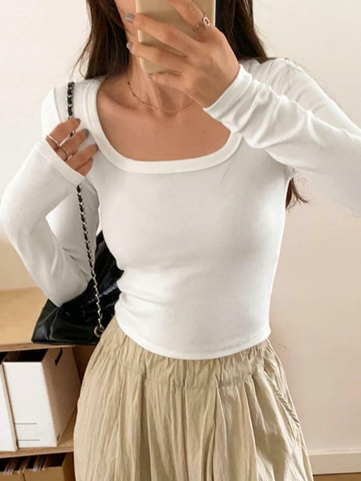 Y2K Aesthetic Solid Square Neck Rib Slim Long Sleeve Knit Top