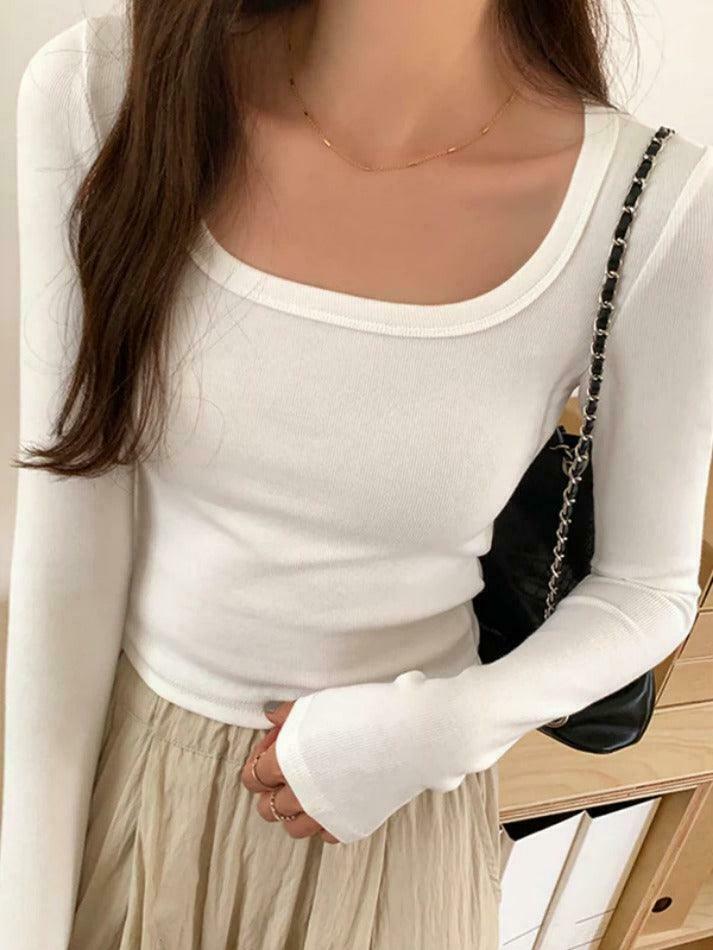 Y2K Aesthetic Solid Square Neck Rib Slim Long Sleeve Knit Top
