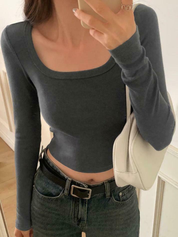 Y2K Aesthetic Solid Square Neck Rib Slim Long Sleeve Knit Top