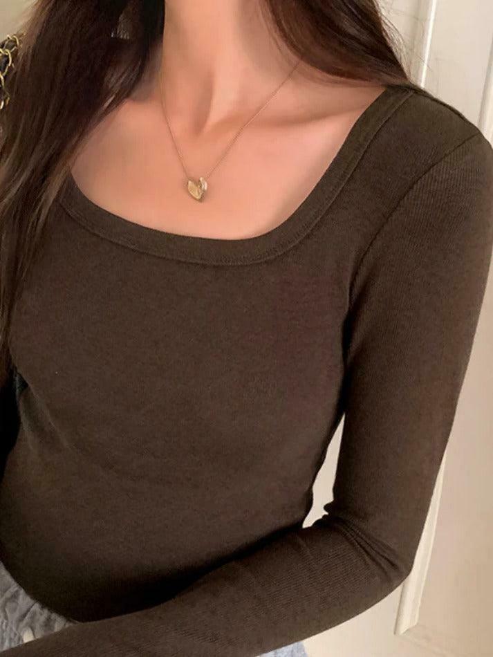 Y2K Aesthetic Solid Square Neck Rib Slim Long Sleeve Knit Top