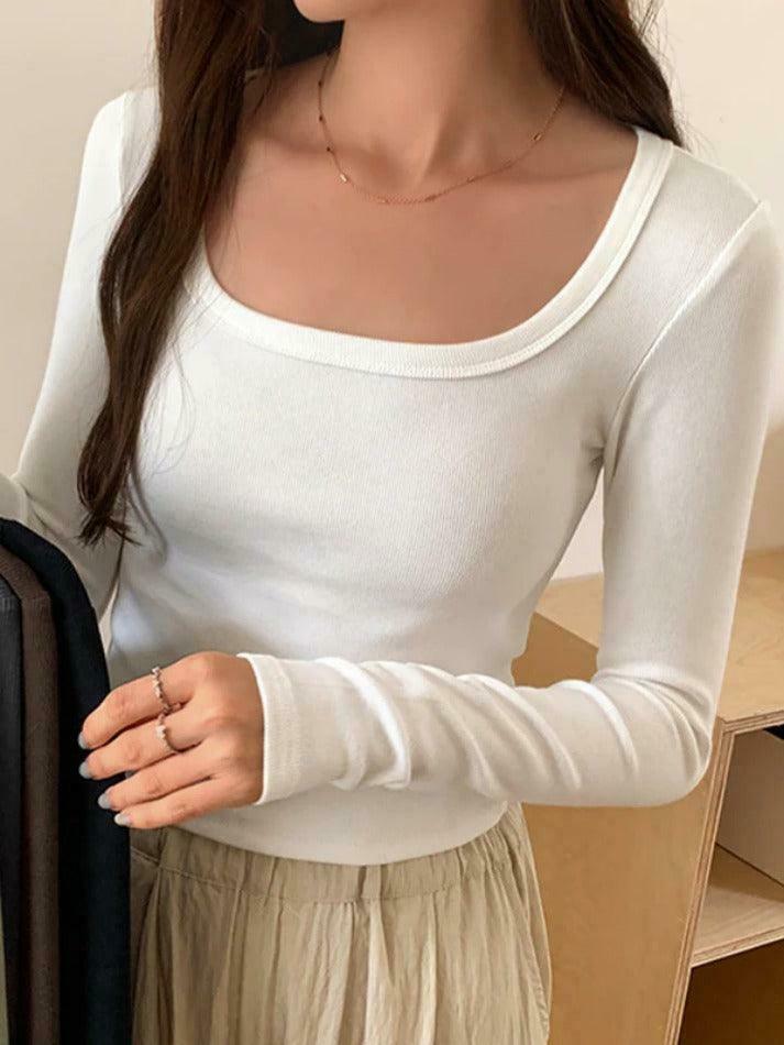Y2K Aesthetic Solid Square Neck Rib Slim Long Sleeve Knit Top