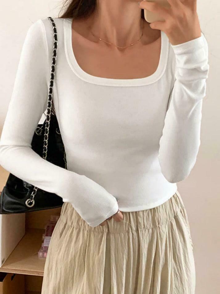 Y2K Aesthetic Solid Square Neck Rib Slim Long Sleeve Knit Top
