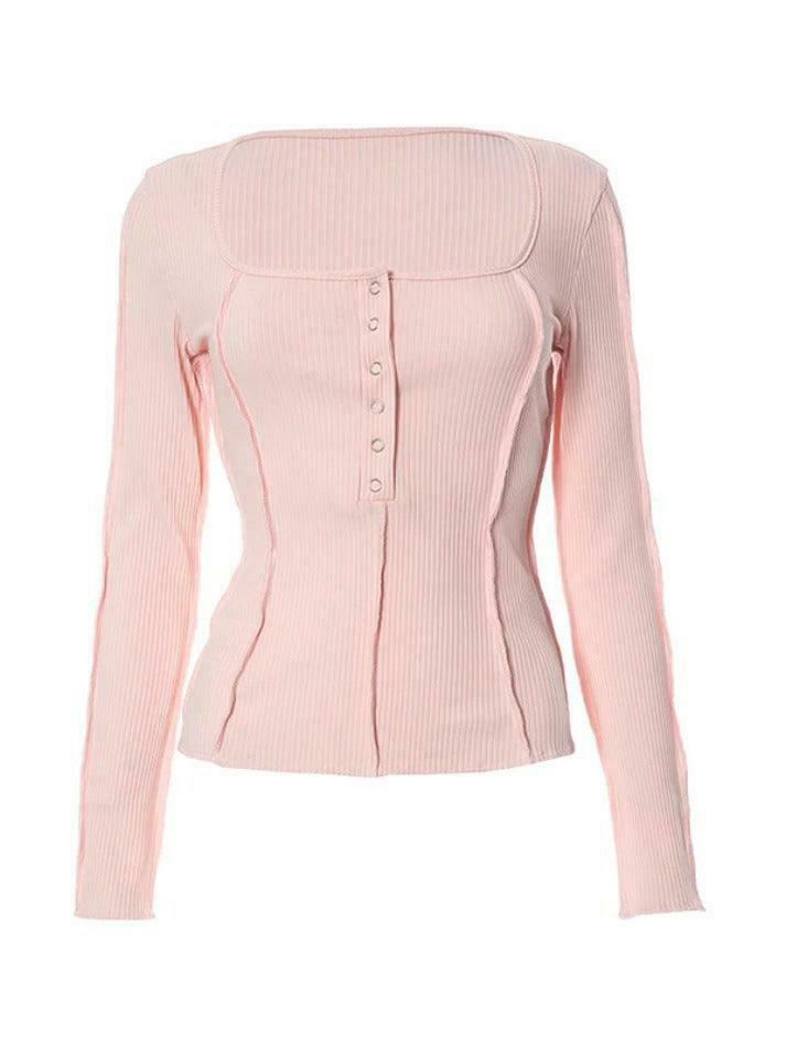 Y2K Aesthetic Solid Square Neck Splice Long Sleeve Knit Sweater