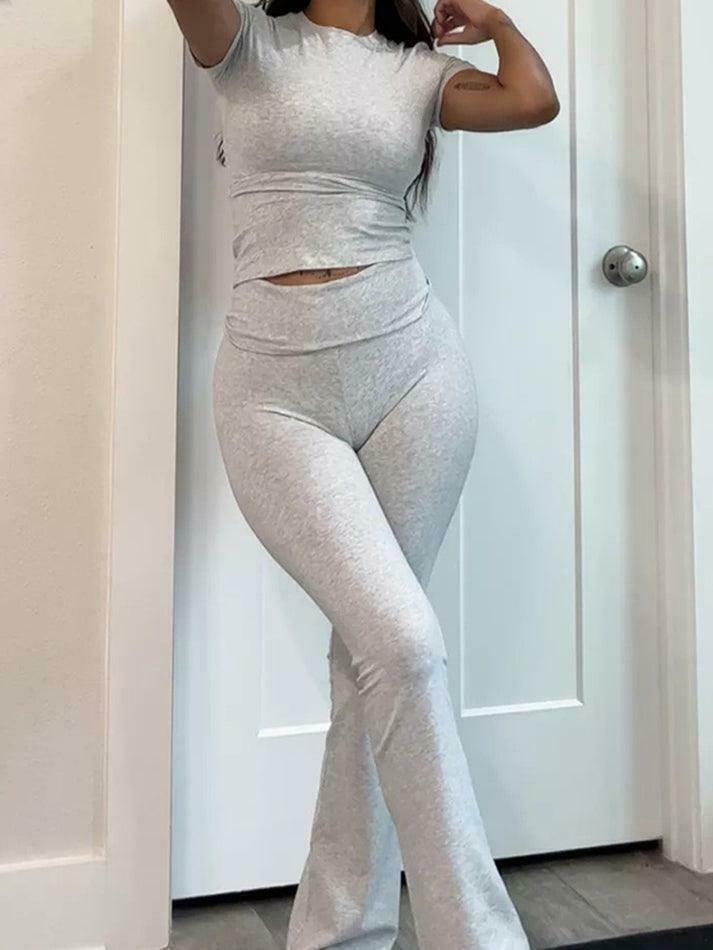 Y2K Aesthetic Solid Tee & Flare Pants Set - Coquette Grunge Fashion Women's Outfit