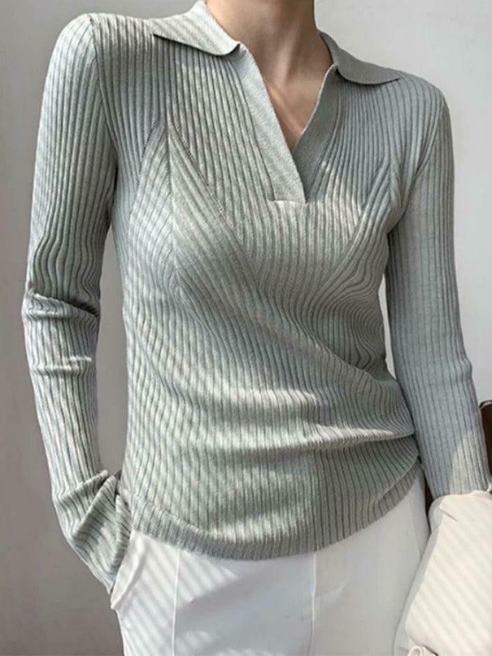 Y2K Aesthetic Solid V-Neck Ribbed Splice Sweater for Women