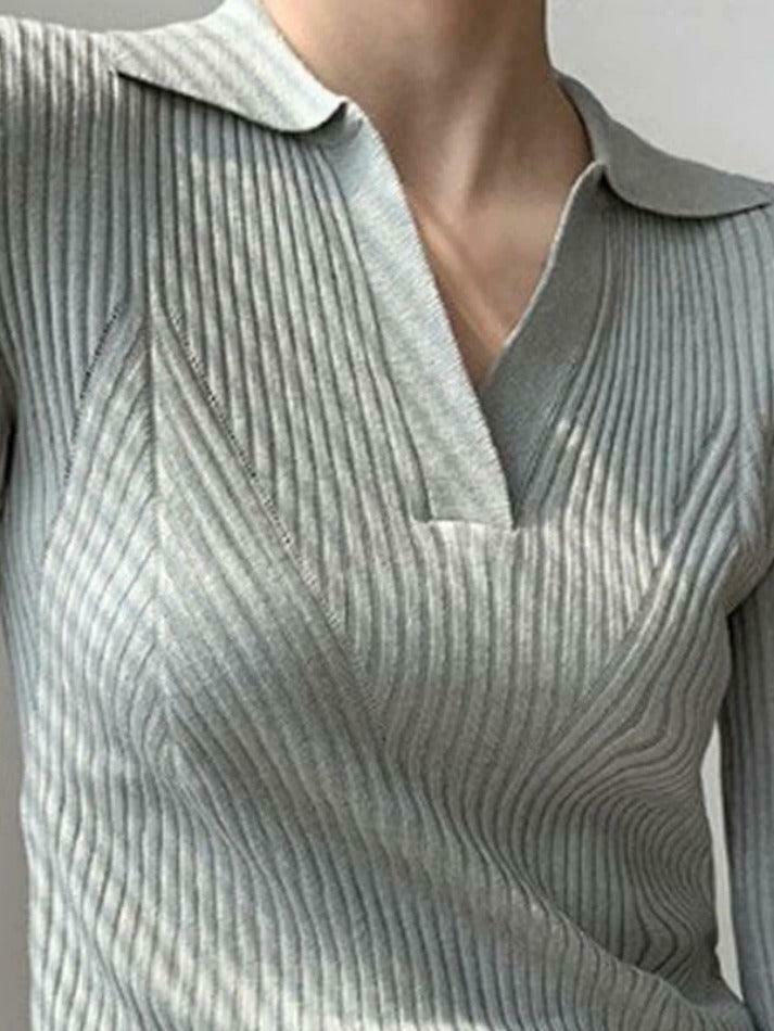 Y2K Aesthetic Solid V-Neck Ribbed Splice Sweater for Women