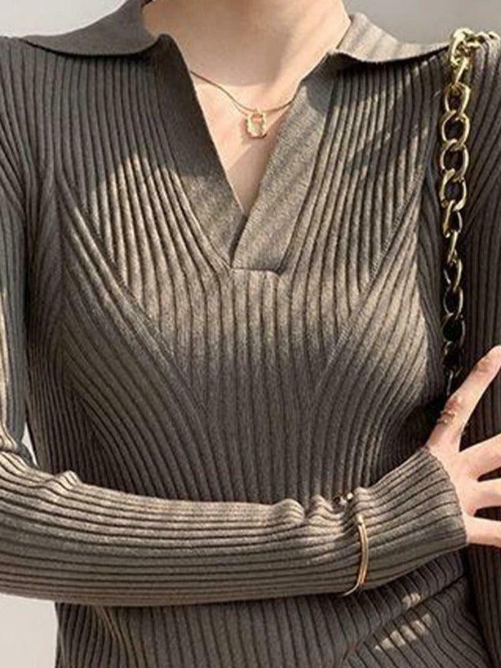 Y2K Aesthetic Solid V-Neck Ribbed Splice Sweater for Women