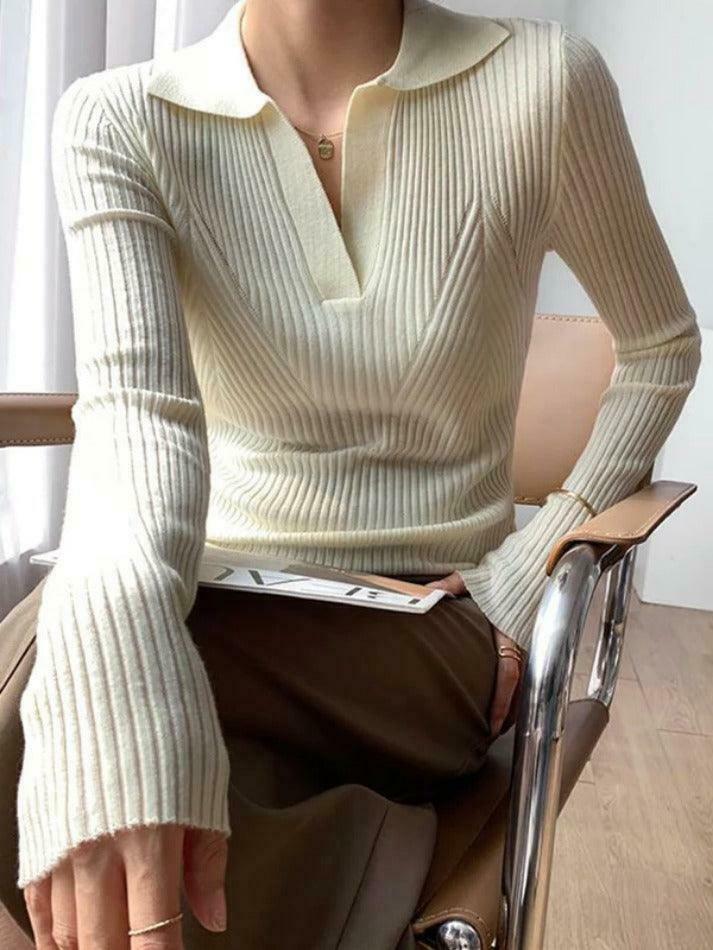 Y2K Aesthetic Solid V-Neck Ribbed Splice Sweater for Women