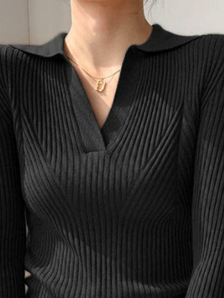 Y2K Aesthetic Solid V-Neck Ribbed Splice Sweater for Women