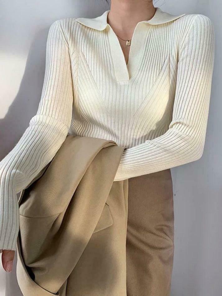Y2K Aesthetic Solid V-Neck Ribbed Splice Sweater for Women