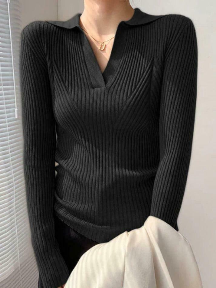 Y2K Aesthetic Solid V-Neck Ribbed Splice Sweater for Women