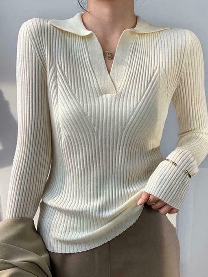 Y2K Aesthetic Solid V-Neck Ribbed Splice Sweater for Women