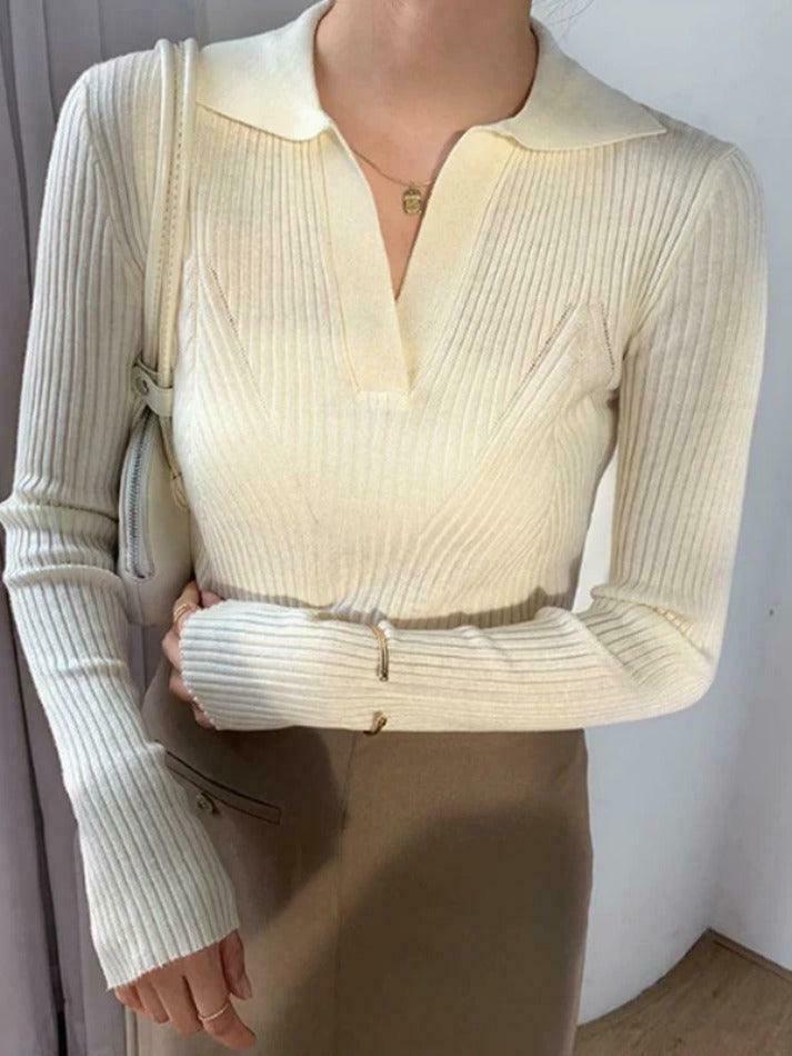 Y2K Aesthetic Solid V-Neck Ribbed Splice Sweater for Women