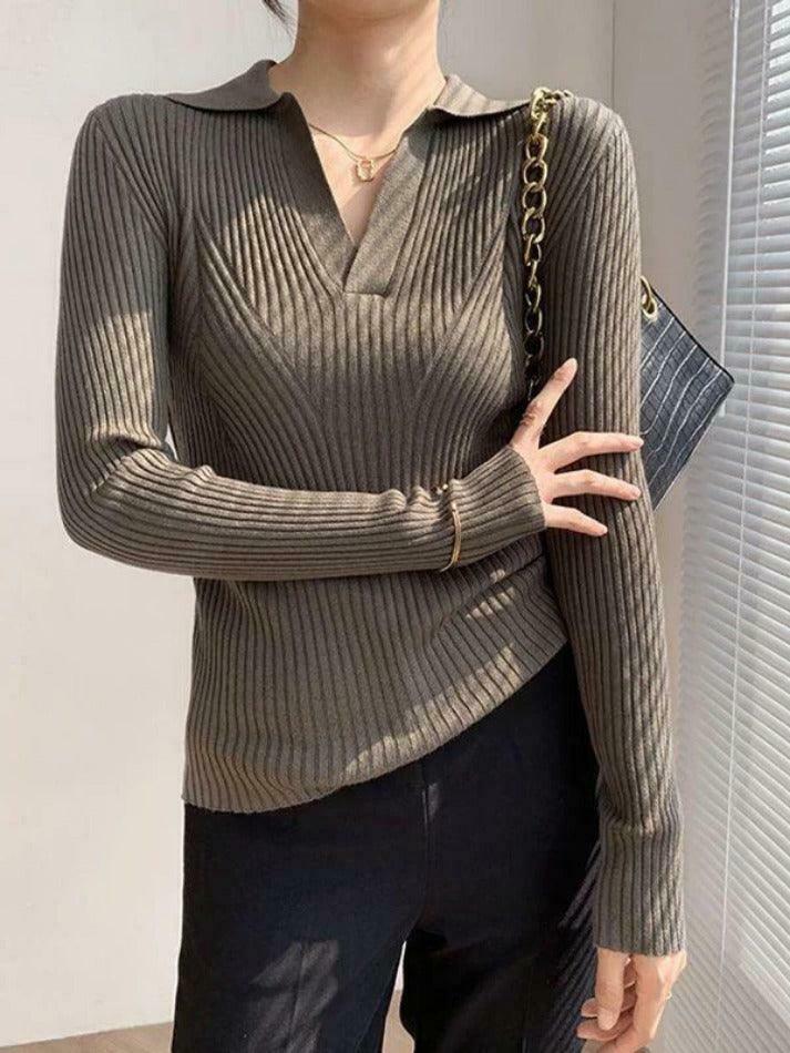 Y2K Aesthetic Solid V-Neck Ribbed Splice Sweater for Women