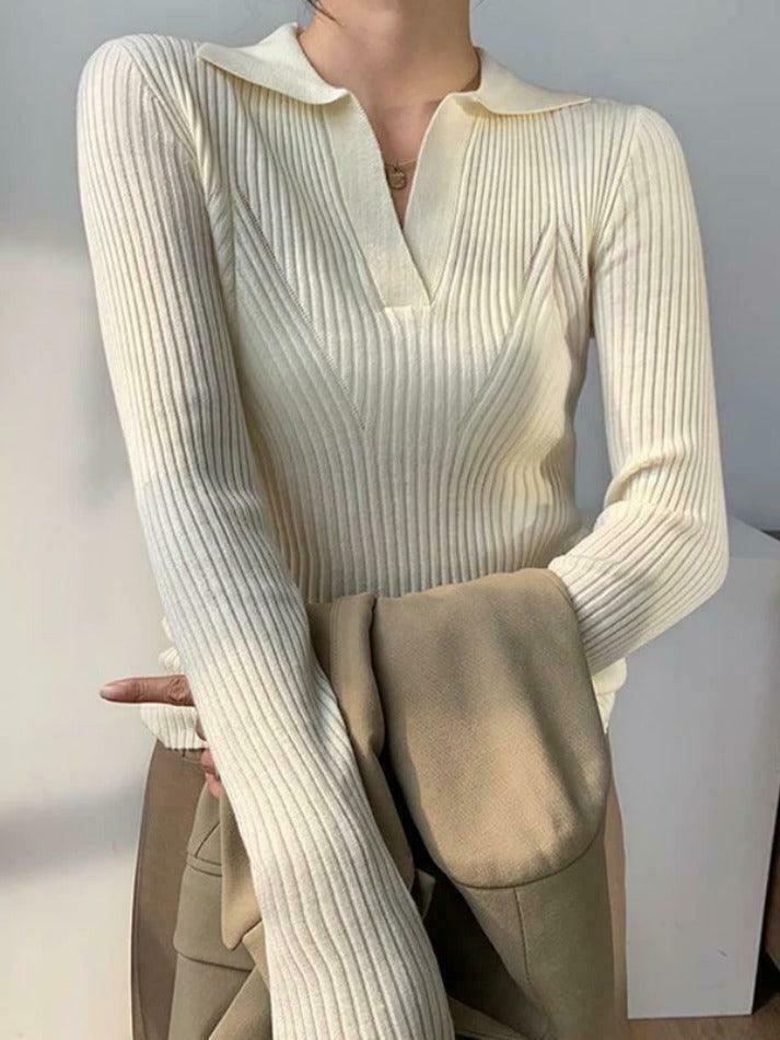 Y2K Aesthetic Solid V-Neck Ribbed Splice Sweater for Women