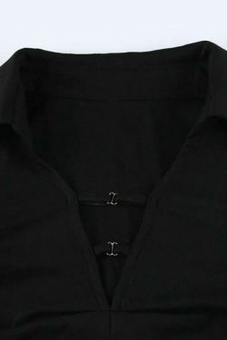Y2K Aesthetic Solid V-Neck Shirred Slit Long Sleeve Tee for Women - Coquette & Gr