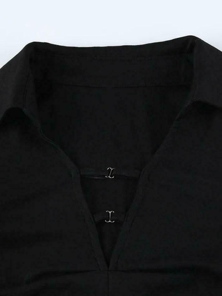 Y2K Aesthetic Solid V-Neck Shirred Slit Long Sleeve Tee for Women - Coquette & Gr