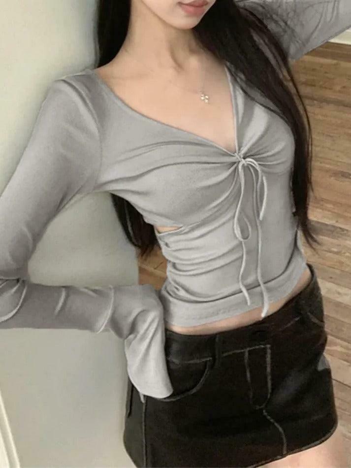 Y2K Aesthetic Solid V-Neck Side Cutout Trumpet Sleeve Knit Sweater