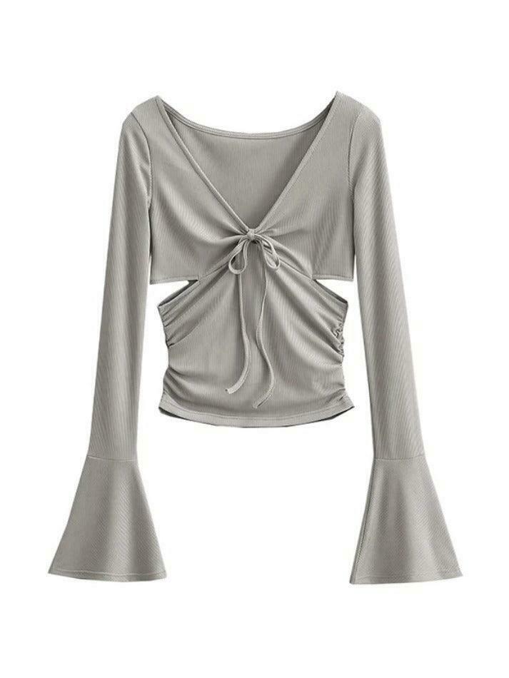 Y2K Aesthetic Solid V-Neck Side Cutout Trumpet Sleeve Knit Sweater