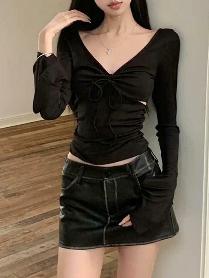 Y2K Aesthetic Solid V-Neck Side Cutout Trumpet Sleeve Knit Sweater