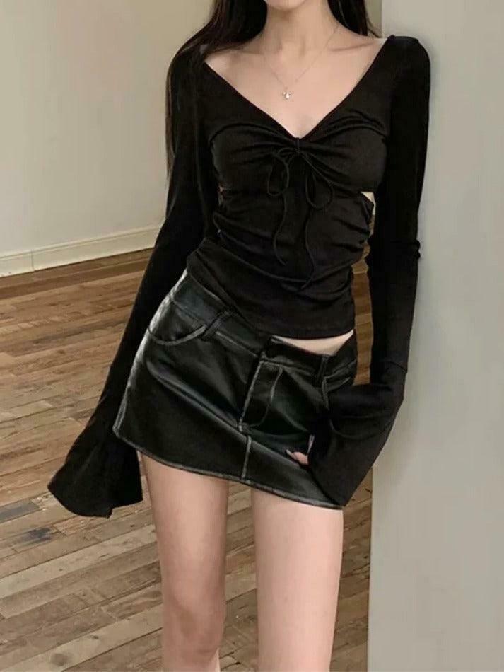 Y2K Aesthetic Solid V-Neck Side Cutout Trumpet Sleeve Knit Sweater
