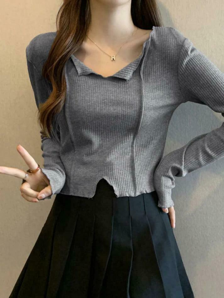 Y2K Aesthetic Solid V-Neck Slit Hem Long Sleeve Knit Sweater