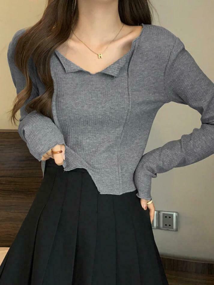 Y2K Aesthetic Solid V-Neck Slit Hem Long Sleeve Knit Sweater