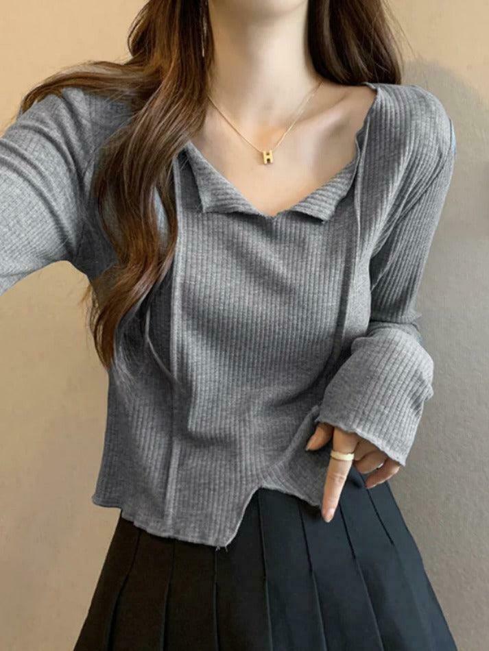 Y2K Aesthetic Solid V-Neck Slit Hem Long Sleeve Knit Sweater