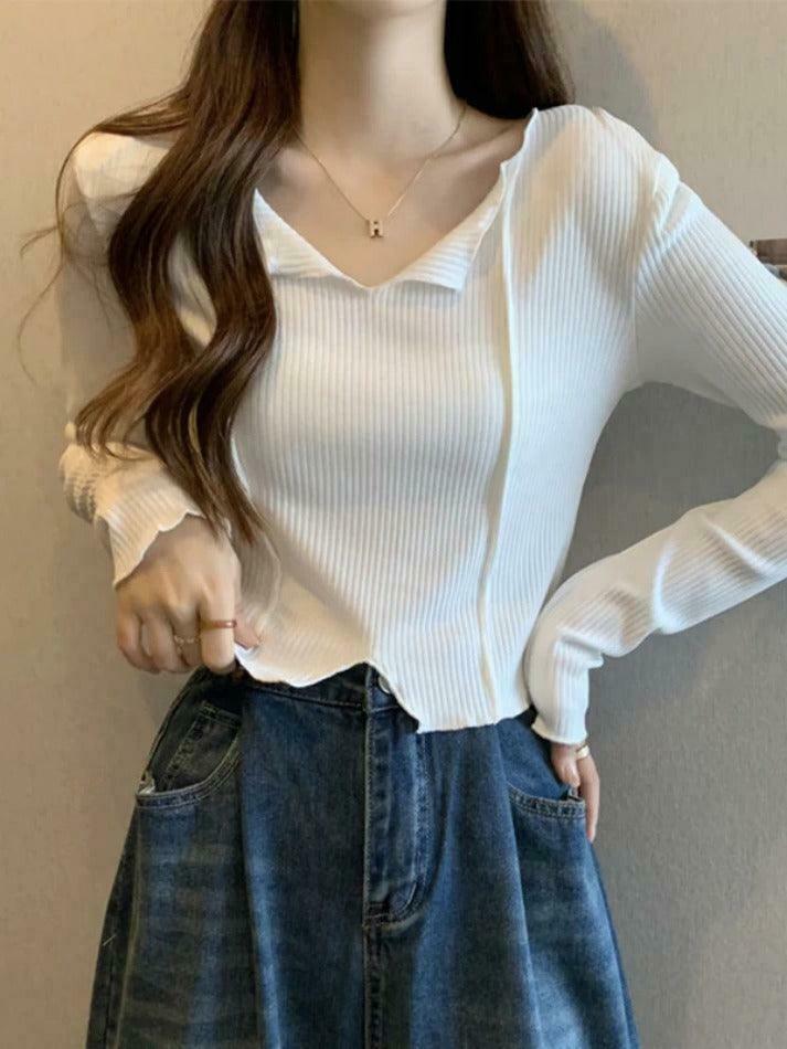 Y2K Aesthetic Solid V-Neck Slit Hem Long Sleeve Knit Sweater