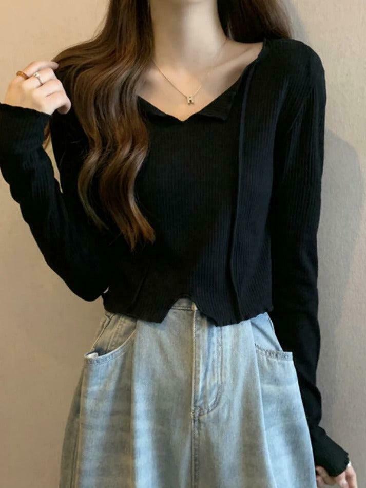 Y2K Aesthetic Solid V-Neck Slit Hem Long Sleeve Knit Sweater