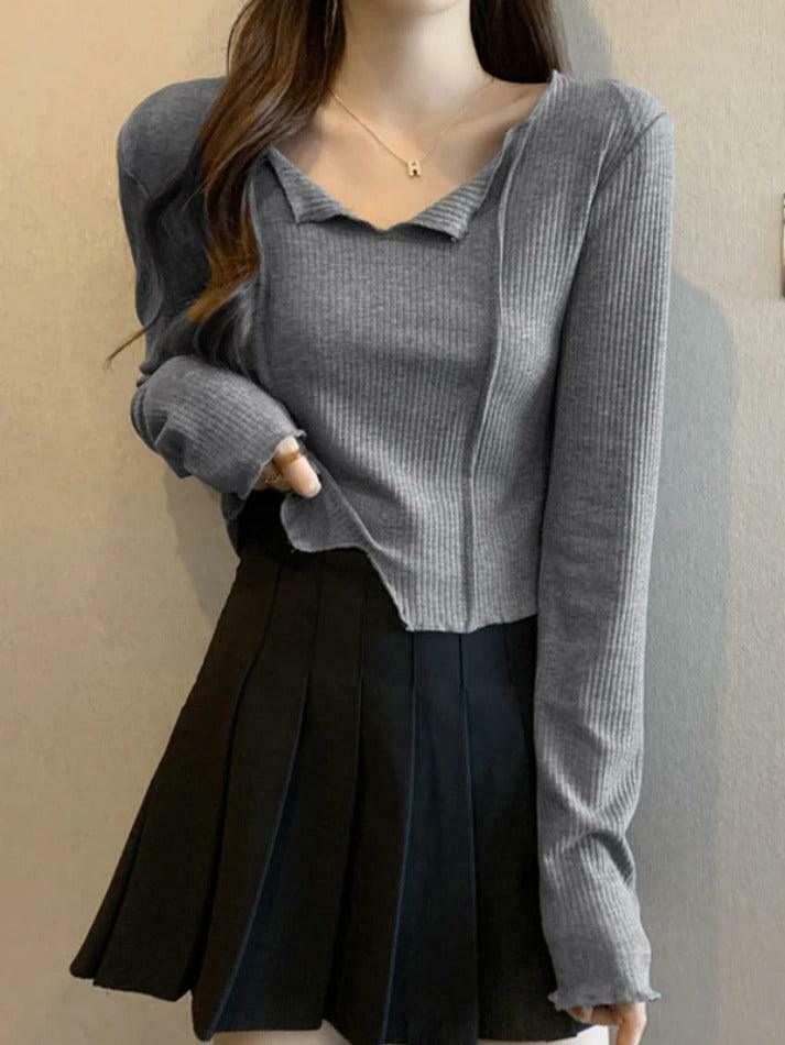 Y2K Aesthetic Solid V-Neck Slit Hem Long Sleeve Knit Sweater