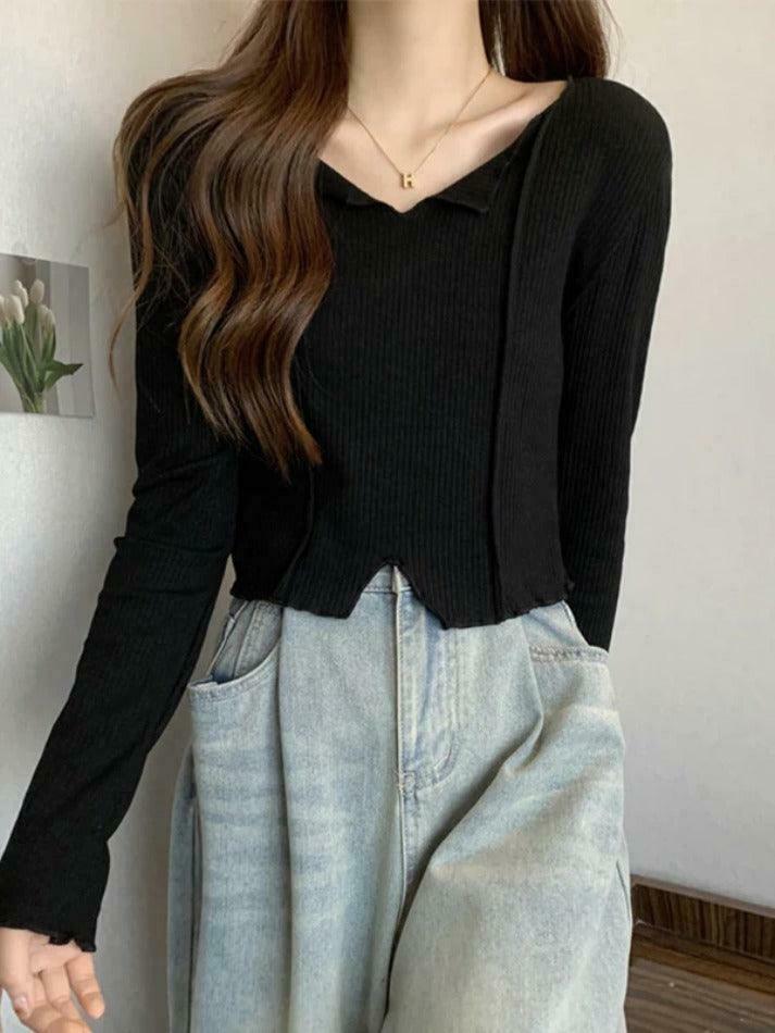 Y2K Aesthetic Solid V-Neck Slit Hem Long Sleeve Knit Sweater