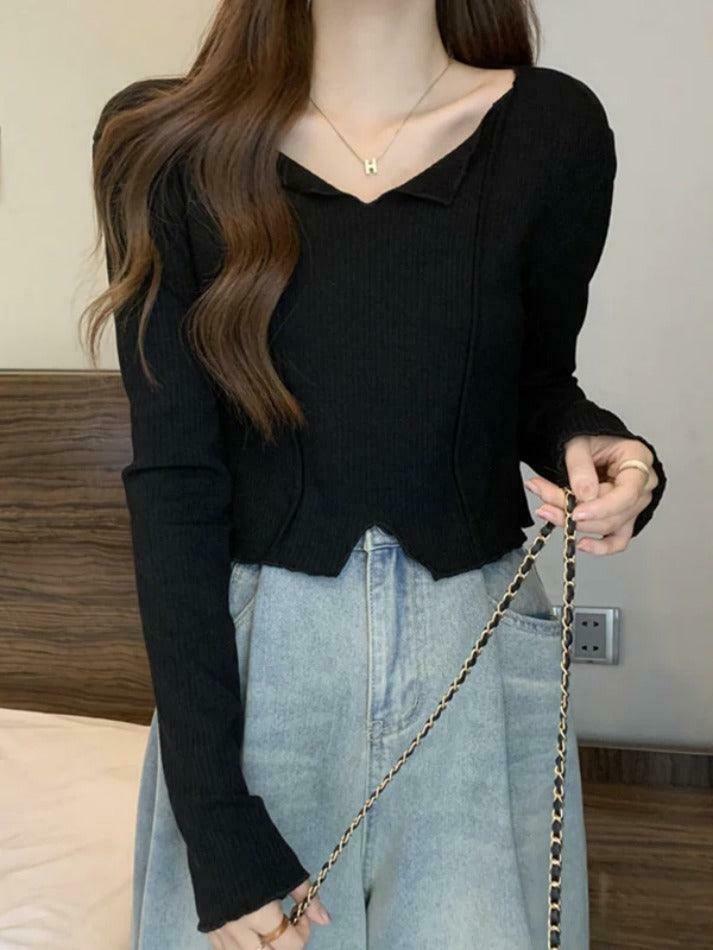 Y2K Aesthetic Solid V-Neck Slit Hem Long Sleeve Knit Sweater