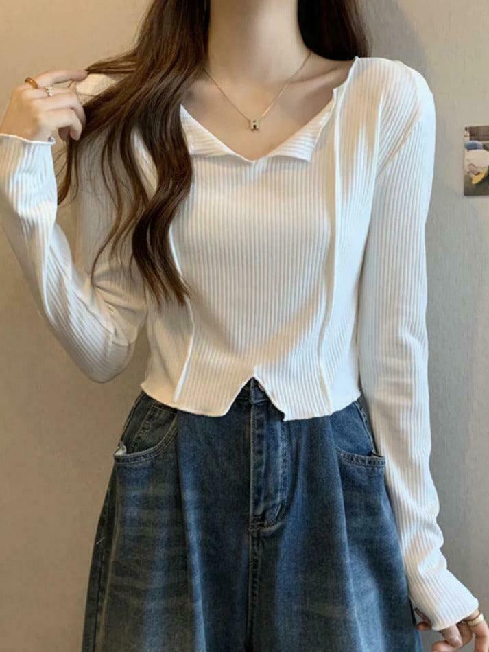 Y2K Aesthetic Solid V-Neck Slit Hem Long Sleeve Knit Sweater