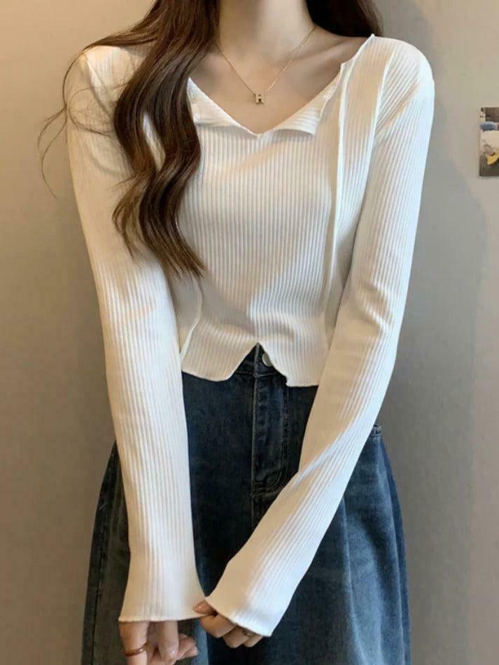 Y2K Aesthetic Solid V-Neck Slit Hem Long Sleeve Knit Sweater