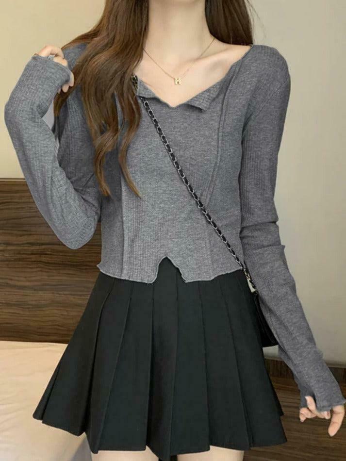 Y2K Aesthetic Solid V-Neck Slit Hem Long Sleeve Knit Sweater