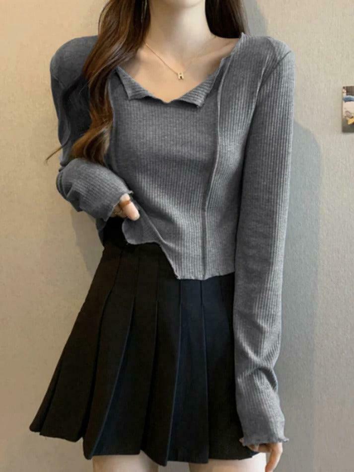Y2K Aesthetic Solid V-Neck Slit Hem Long Sleeve Knit Sweater