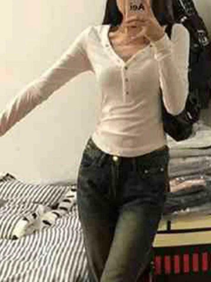 Y2K Aesthetic Solid V-Neck Snap Button Slim Long Sleeve Knit Sweater