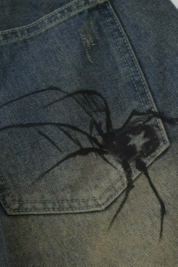 Y2K Aesthetic Spider Print Denim Shorts for Women - Coquette Style Grunge Fashion