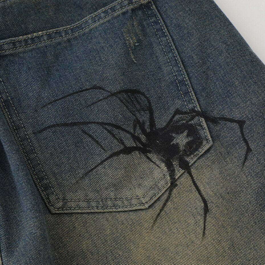 Y2K Aesthetic Spider Print Denim Shorts for Women - Coquette Style Grunge Fashion