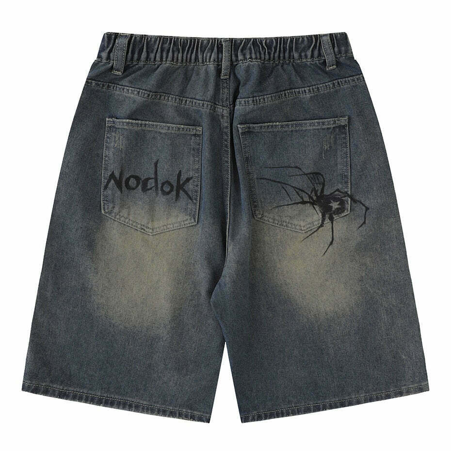 Y2K Aesthetic Spider Print Denim Shorts for Women - Coquette Style Grunge Fashion